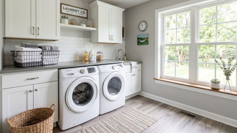 Modern main floor laundry room with white cabinets and gray countertops in Lakeville Minnesota home