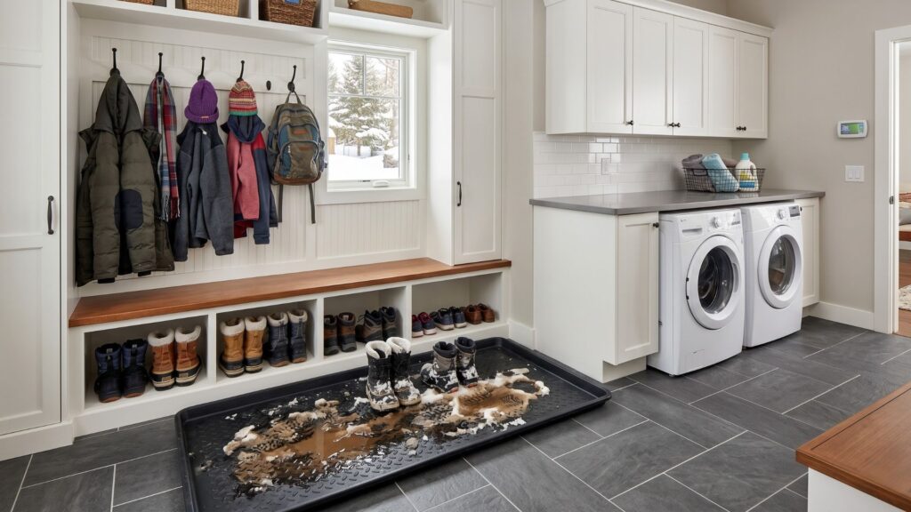 Mudroom and laundry combination room with boot storage and coat hooks in Eagan Minnesota home
