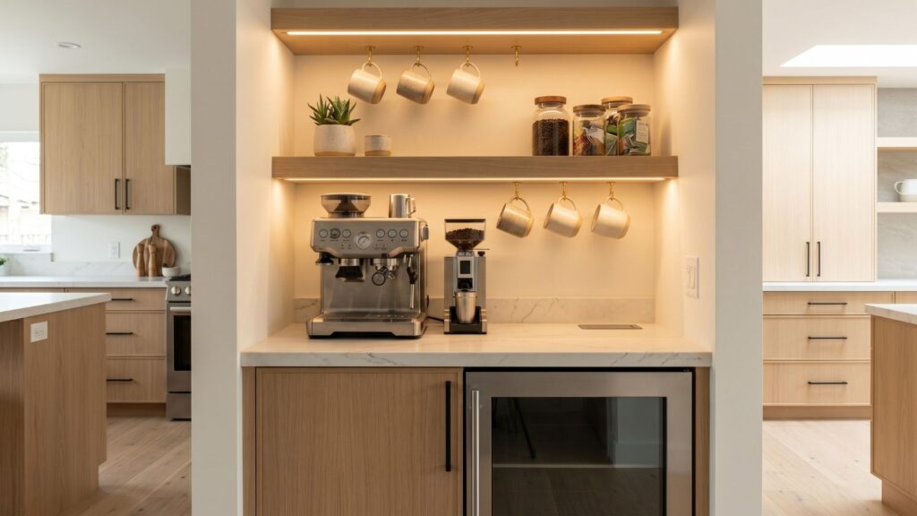 Built-in coffee station with open shelving and beverage fridge in a Minnesota kitchen remodel
