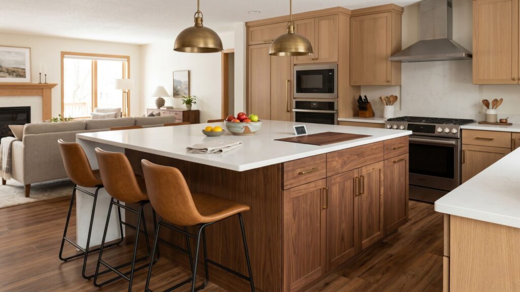 Custom kitchen island with seating and prep space in a Minnesota design-build remodel