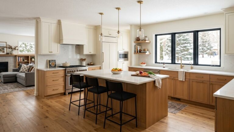 Open-concept kitchen remodel in the Twin Cities white oak cabinetry quartz countertops