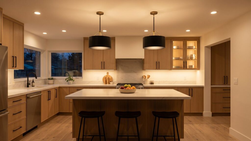 Layered kitchen lighting with pendant lights over island and under-cabinet LEDs in Twin Cities home