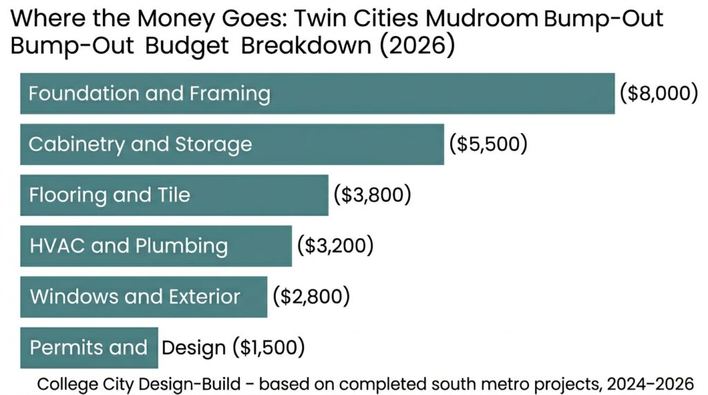 Bar chart showing mudroom addition cost breakdown by category in Twin Cities 2026