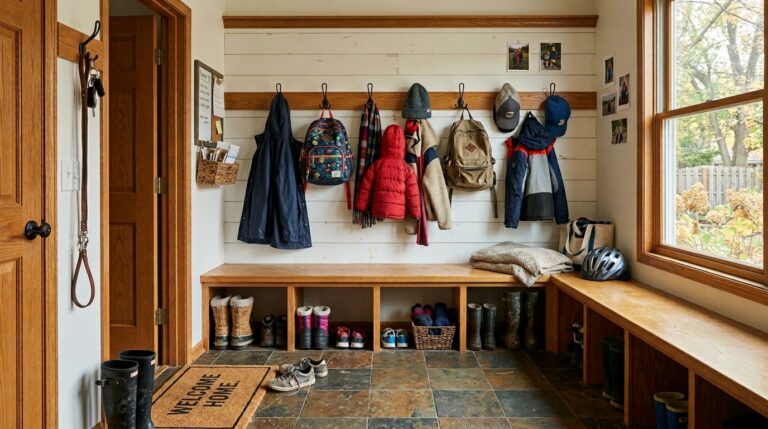 Finished mudroom addition with bench and hooks in Lakeville MN home