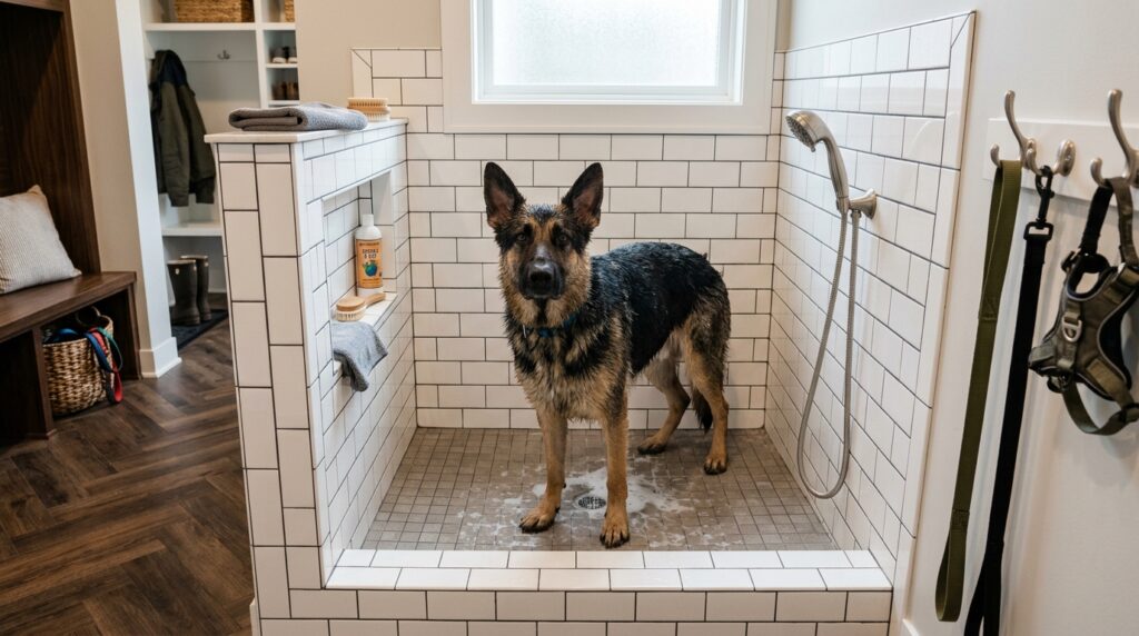Built-in dog wash station with handheld sprayer and tiled surround in Minnesota mudroom addition