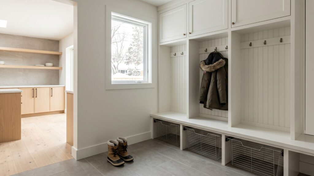 Built-in mudroom entry with bench and lockers off kitchen in a Minnesota home