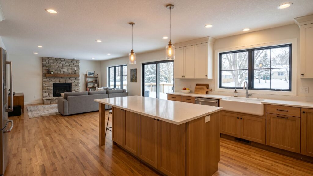 Open concept kitchen remodel Twin Cities home with white oak cabinets and quartz island