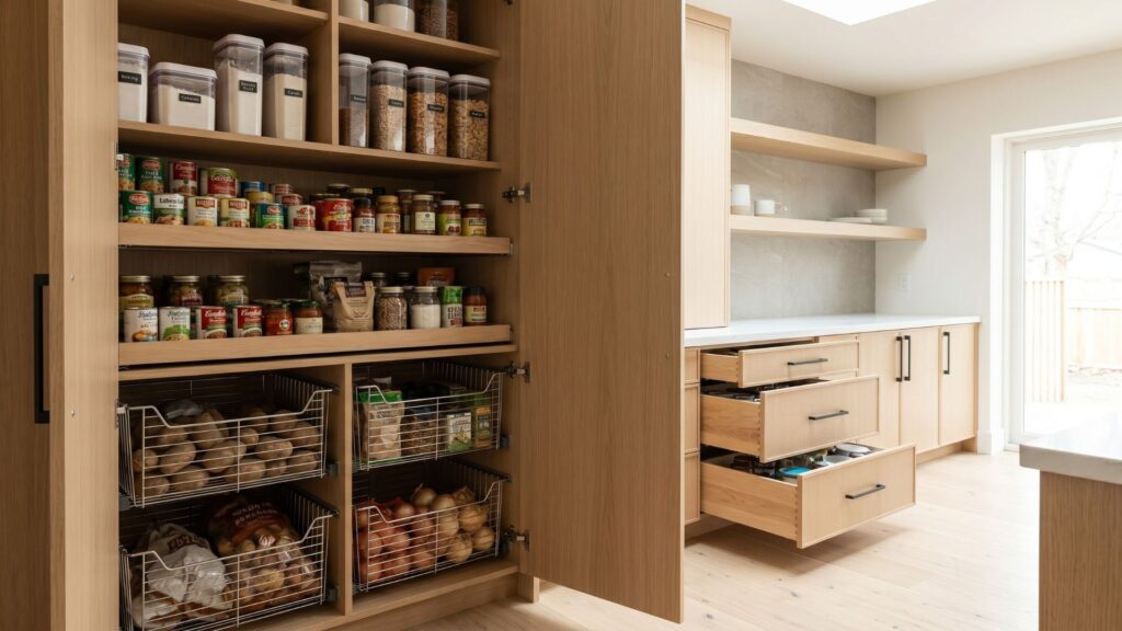 Pull-out pantry cabinet with full-extension drawers and organized storage in a Minnesota kitchen