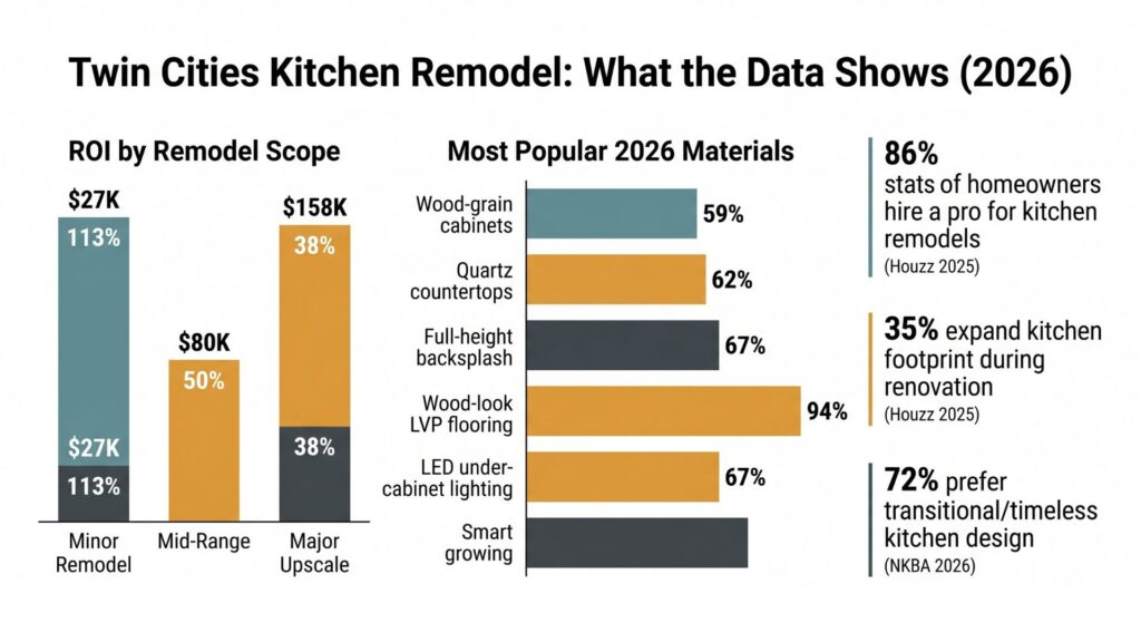 Kitchen remodel ROI and material adoption rates Twin Cities 2026 infographic