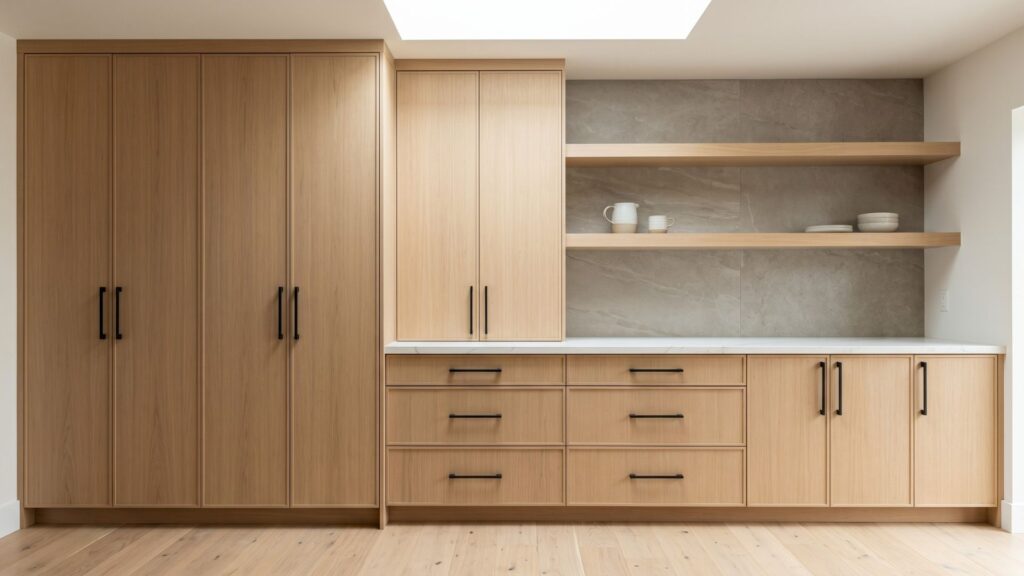 White oak flat-panel kitchen cabinets with matte black hardware in a Twin Cities remodel