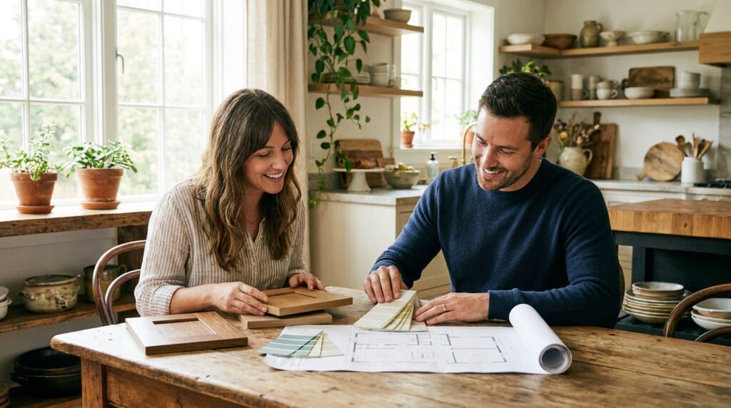 Homeowner and designer discussing kitchen remodel plans together