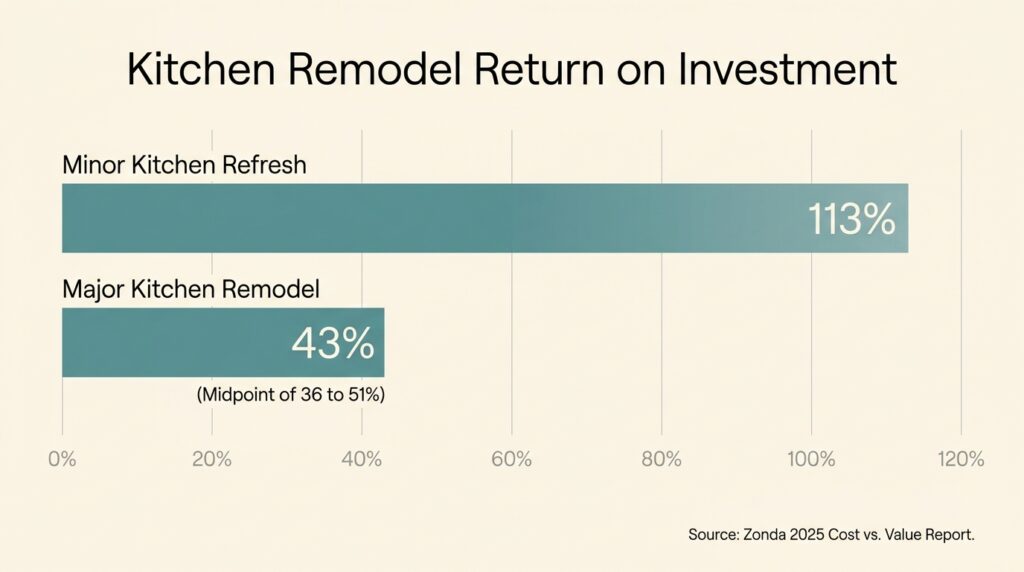 Bar chart comparing minor and major kitchen remodel ROI