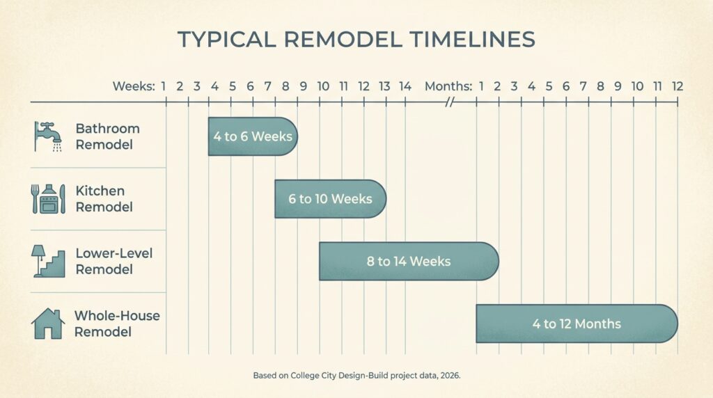 Chart comparing remodel timelines for kitchen, bath, and whole house