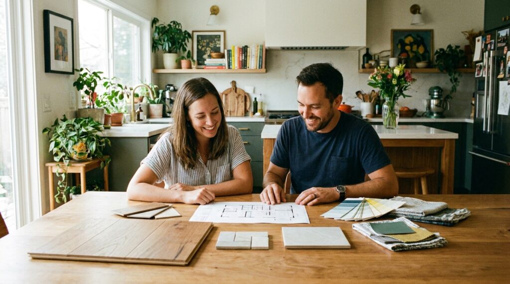 Homeowner and contractor reviewing remodel plans at a kitchen table
