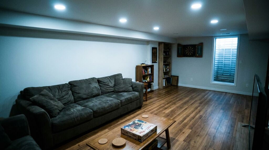 Engineered hardwood flooring installed in a Twin Cities basement