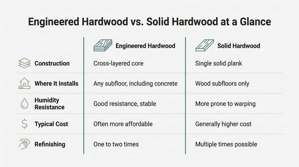 Infographic comparing engineered hardwood vs. solid hardwood flooring
