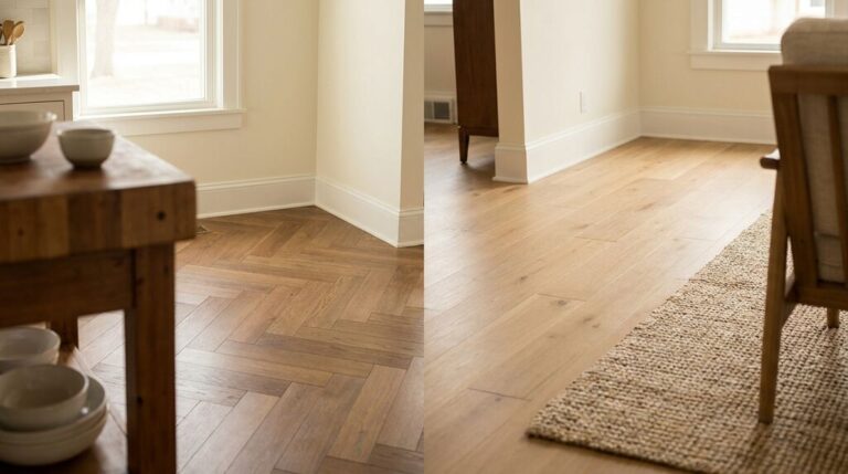 Side by side comparison of engineered and solid hardwood flooring