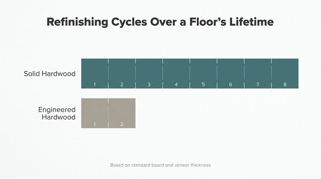 Chart comparing refinishing cycles of solid and engineered hardwood