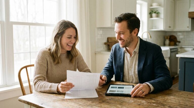 Homeowner reviewing a bathroom remodel checklist with a designer