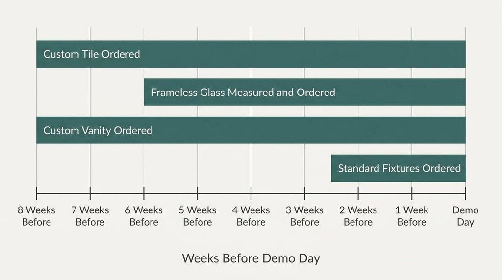 Timeline diagram showing when to order bathroom materials before demo