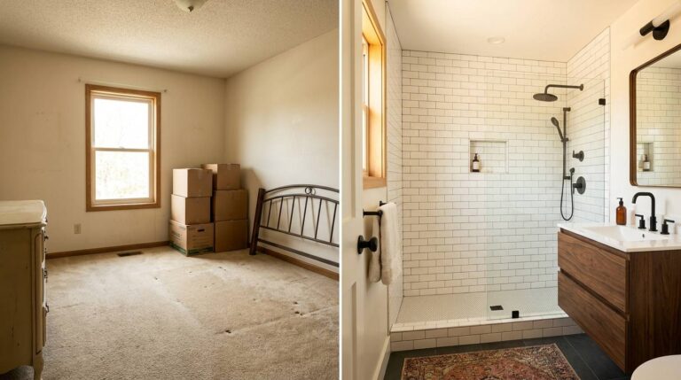 Bedroom to bathroom conversion before and after in an Eagan MN home
