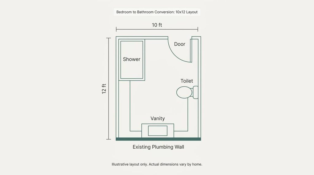 Floor plan diagram for a 10x12 bedroom converted into a bathroom