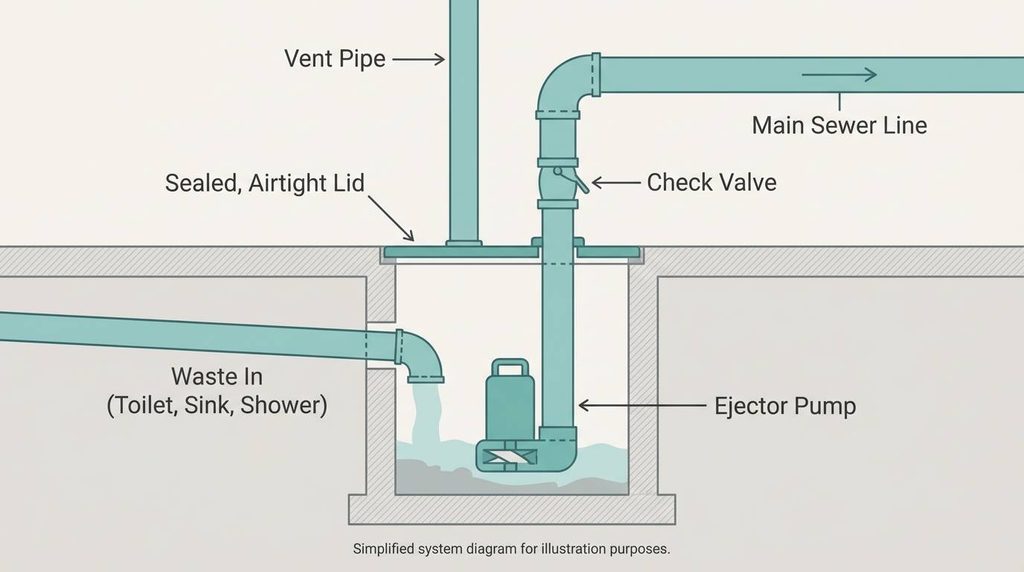Sewage ejector pump system diagram for a basement bathroom addition